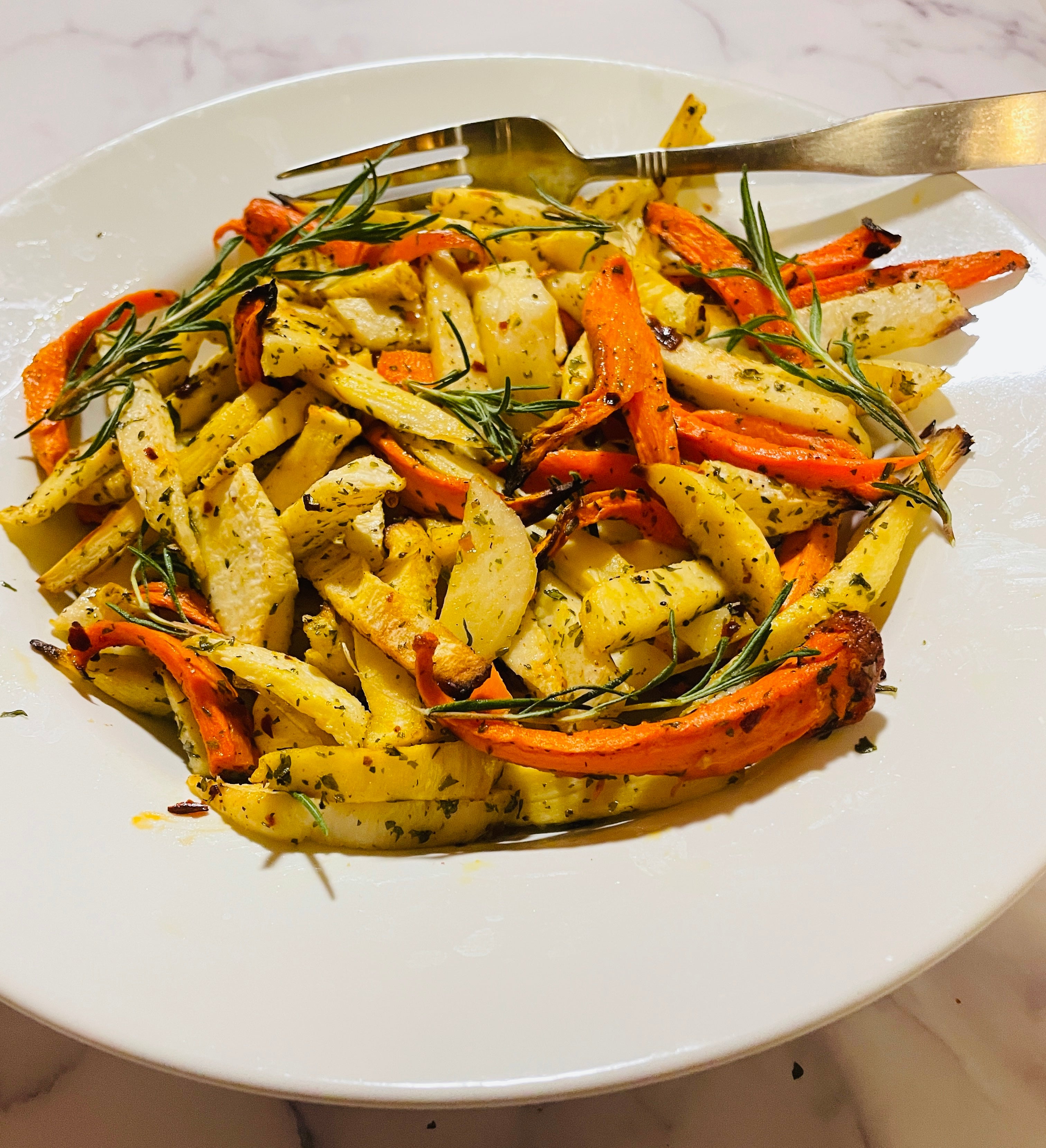 Roasted Turnips, Parsnips and Carrots prepared for a healthy meal